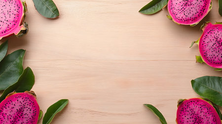 Four vibrant dragon fruit halves are arranged with lush green leaves on a light wood plank background, creating a natural border.の素材