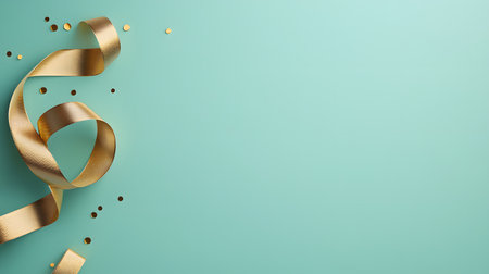 A dynamic golden ribbon twists and turns against a soft mint green canvas, accented by scattered golden sparkles.の素材