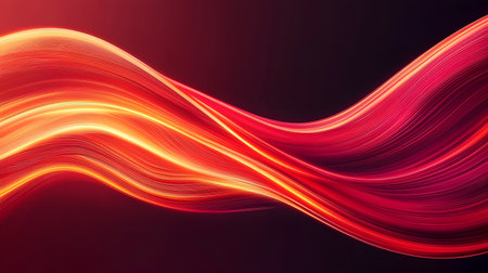 A vibrant, flowing wave of light in fiery red and orange hues against a dark background. This abstract represents energy, passion, and dynamic movement.の素材