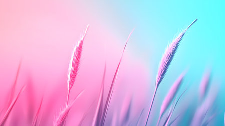 Delicate grass blades and feathery seed heads rise into a dreamy gradient of soft pink and luminous teal, rendered with a shallow depth of field.の素材