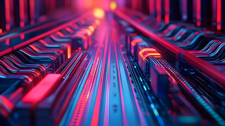 A dramatic perspective shot down a complex, illuminated circuit board. The red and blue lights suggest advanced technology and intricate digital pathways.の素材