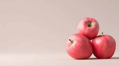 A small group of three red apples is presented on a pale pink surface against a solid, complementary pink background. The apples are positioned close together, with one slightly elevated above the other two.の素材