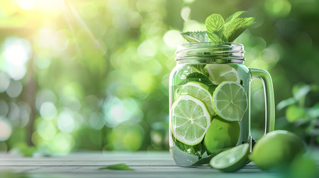 A refreshing drink made with lime slices and mint leaves is presented in a glass jar, set against a soft green bokeh background with sunlight streaming in.の素材