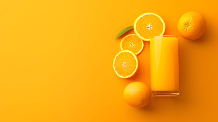 A glass of fresh orange juice sits on an orange background next to whole and sliced oranges, with a green leaf.の素材