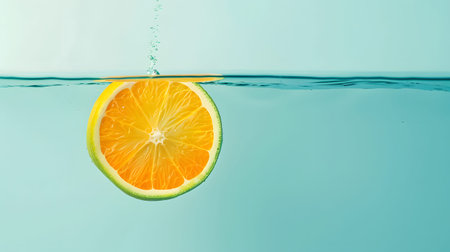 A vibrant orange slice is partially submerged in clear blue water, with small bubbles rising to the surface. The water has a distinct horizon line, and the background is a solid, calming blue.の素材