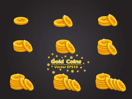 Set Of Gold coins vector EPS10 icon with dollar sign. on dark Background. Vector illustration.のイラスト素材