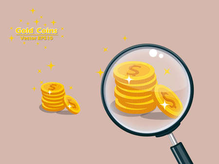 Magnifying Glass with Gold coins  vector illustration. Ideas to expand your business or save money. business and moneyのイラスト素材