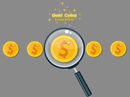 Magnifying Glass with Gold coins  vector illustration. Ideas to expand your business or save money. business and moneyのイラスト素材