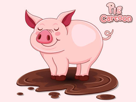 Cute Cartoon Pig in a puddle. Vector illustration with cartoon Funny pigのイラスト素材