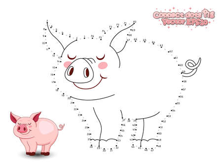 Connect The Dots Draw Cute Cartoon Pig and Color. Educational Game for Kids. Vector Illustrationのイラスト素材