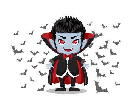 Halloween Cartoon. Dracula Vampire and flying bats isolated on white background . Vector illustration.のイラスト素材