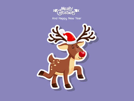 Vector cartoon reindeer Sticker. Merry Christmas and happy new year. decorative element on holiday. Greeting card design, posters, gift tags and labels.のイラスト素材