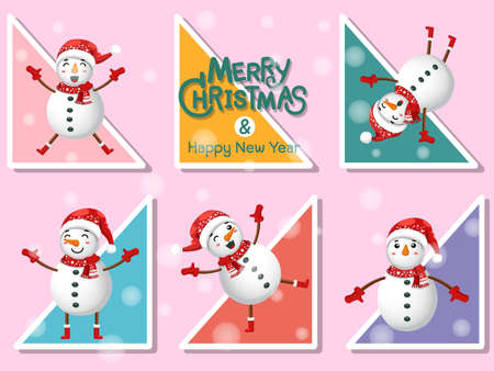 Set Cute Snowman icon on colorful background. Merry Christmas and happy new year. Gift and decorative element on holiday. Vector cartoon Illustration.のイラスト素材