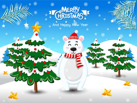 Merry Christmas. Cute Polar Bear with Red Scarf and Red hat in Christmas snow scene winter landscape. decorative element on holiday. Vector illustration.のイラスト素材