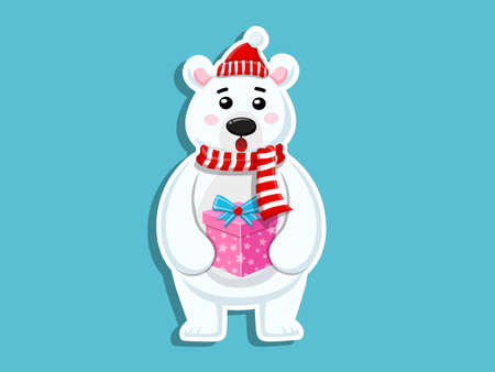 Vector Cartoon Cute Polar Bear Sticker. Merry Christmas and happy new year. decorative element on holiday. Greeting card design, posters, gift tags and labels.のイラスト素材