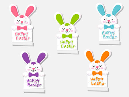Happy Easter set greeting card with cute cartoon bunny. Vector illustration decorative element on Easter Dayのイラスト素材