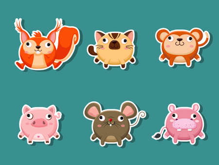 Cute cartoon animals Sticker collection. Vector Illustration With Cartoon Style Funny Animalのイラスト素材