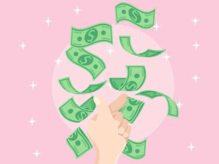 Mini heart hand and money banknotes falling from the sky. Concept Symbol of love, success and good...