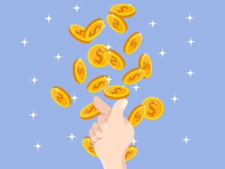 Mini heart hand and money Coins falling from the sky. Concept Symbol of love, success and good...