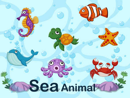 Cute cartoon sea animals underwater. Vector illustration set of collection sea creaturesのイラスト素材