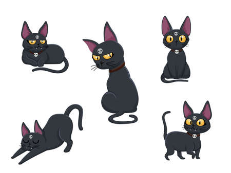 Collection of cats. Concept cartoon cat in different poses. Halloween elements set. Vector clipart illustration isolated on white backgroundのイラスト素材