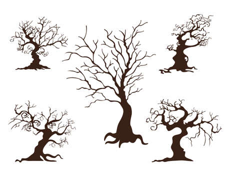 Collection of trees. Concept cartoon tree in different. Halloween elements set. Vector clipart illustration isolated on white backgroundのイラスト素材