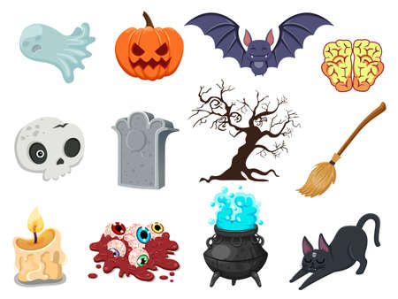Cartoon Halloween icon set vector. pumpkin, ghost, brain, bat, skull, gravestone, tree, candle, broom, eyeball, cat, witches cauldron. Vector illustrationのイラスト素材