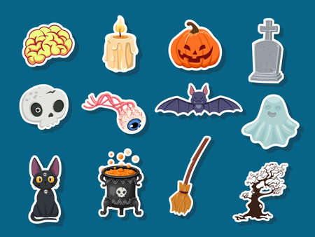 Set of icon Halloween stickers. pumpkin, ghost, brain, bat, skull, gravestone, tree, candle, broom, eyeball, cat, witches cauldron. Vector illustrationのイラスト素材