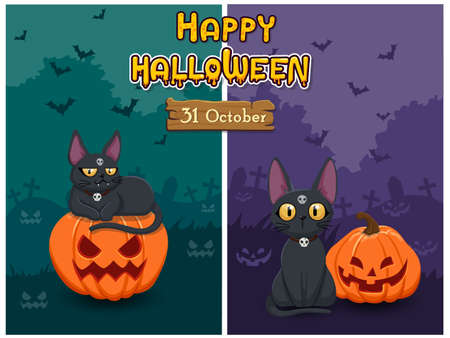 Halloween banners with pumpkin and cat. Concept cartoon Halloween background at night forest. Vector clipart illustrationのイラスト素材