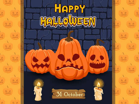 Happy Halloween banners pumpkin characters. Concept cartoon Halloween elements. Vector clipart illustration on old wall backgroundのイラスト素材