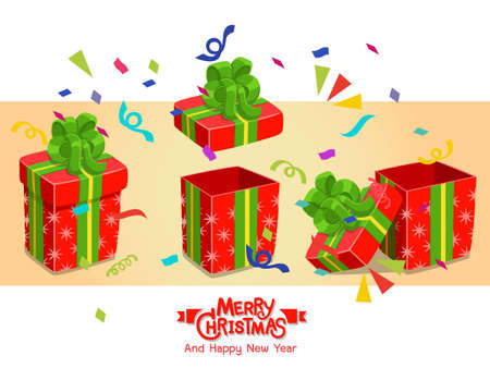 Set gift boxes. Concept cartoon of different present boxes. Christmas elements set. Celebration event for Birthday and New Yearのイラスト素材