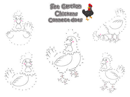 Connect The Dots and Draw Cute Chickens Cartoon Set. Educational Game for Kids. Vector Illustration Animal Frameのイラスト素材