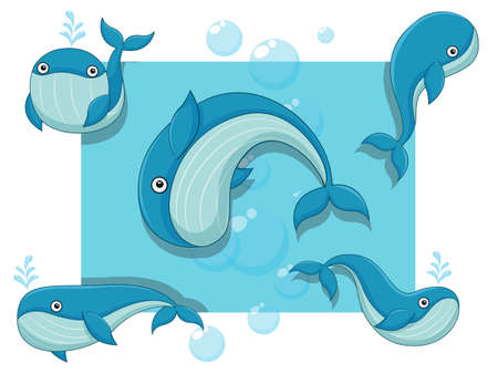 Cute Whales Cartoon Characters Set. Vector illustration With Cartoon Happy Animalのイラスト素材