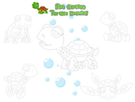 Drawing and Paint Cute Turtles Cartoon Set. Educational Game for Kids. Vector illustration With Cartoon Happy Animalのイラスト素材