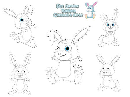 Connect The Dots and Draw Cute Rabbits Cartoon Set. Educational Game for Kids. Vector Illustration Happy Animalのイラスト素材