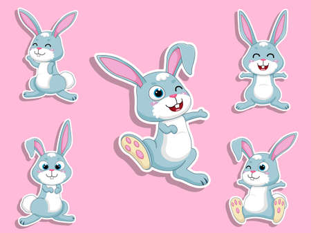 Cute Rabbits Cartoon Sticker Set. Vector Illustration With Cartoon Happy Animalのイラスト素材