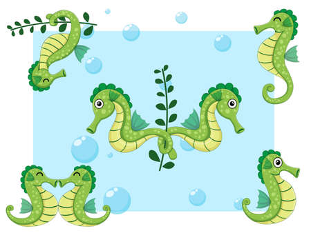 Cute Seahorses Cartoon Characters Set. Vector illustration With Cartoon Happy Animalのイラスト素材