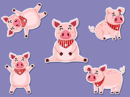 Cute Pigs Cartoon Sticker Set. Vector Illustration With Cartoon Happy Animal farmのイラスト素材