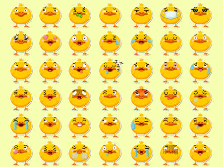 Cartoon emoji ducks set icons stickers emoticons. Cartoon animal characters different emotions. Symbols digital chat objects. Vector illustrationのイラスト素材