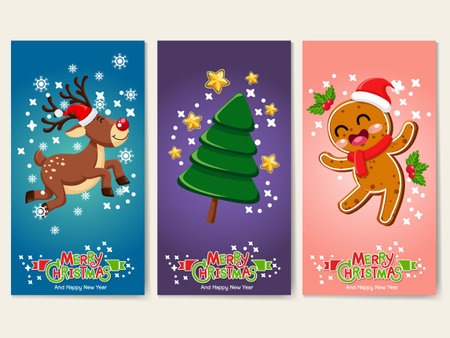 Collection Merry Christmas and Happy New Year greeting cards. Reindeer, Christmas Tree, Gingerbread, characters. Set of vector icons illustrationsのイラスト素材
