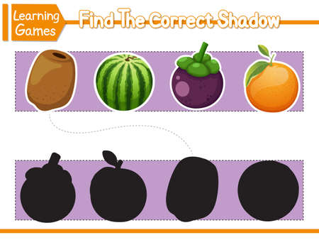 Find the correct shadows of cute cartoon fruits. Kids educational game. Vector Illustration. Character Cartoon Style. Children Learning Gameのイラスト素材