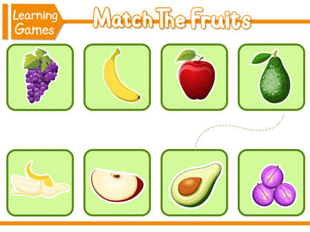 Matching Parts Of Fruits. Matching Children Educational Game. Activity For Preschool Years Kids And Toddlers. Vector Illustration. Learning Gameのイラスト素材