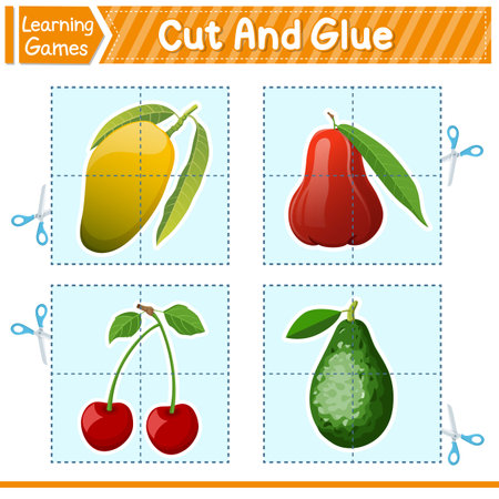 Cut And Glue Of Fruits. Education Developing Worksheet Game For Kids. Activity For Preschool Years Kids And Toddlers. Vector Illustration. Learning Gameのイラスト素材