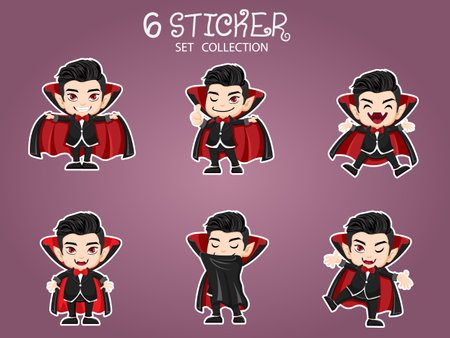 Halloween Vampire Sticker Set Collection. Concept Cartoon Halloween Day Elements. Vector Illustration For Holiday. Halloween characters collectionのイラスト素材