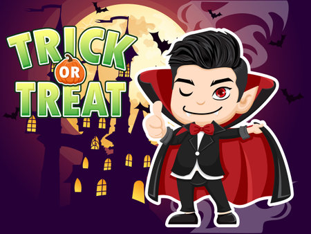 Vampire Cartoon Halloween Character With Happy Halloween Text Effects. Vector illustration. Vector Clip Art illustrationのイラスト素材