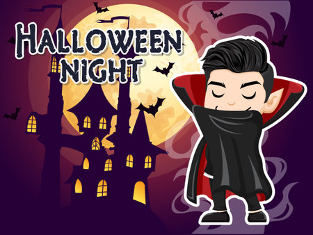 Vampire Cartoon Halloween Character With Halloween Party Text Effects. Vector illustration. Vector Clip Art illustrationのイラスト素材