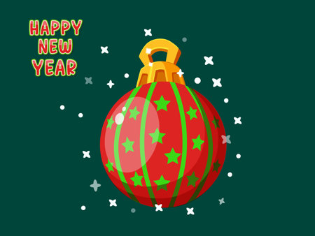 Colorful Christmas Ball with Happy Newyear text effects. Symbol of happy new year, christmas celebration, winter. Vector card flat design. Hand drawn flat christmas ballのイラスト素材