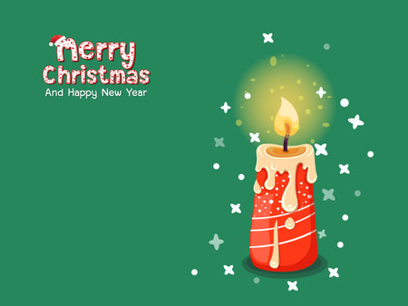 Christmas Burning candle vector with Merry Christmas text effects. Symbol of happy new year, christmas celebration, winter. Vector card flat design. New Years and Christmasのイラスト素材