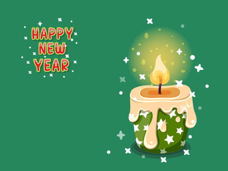 Christmas Burning candle vector with Happy New Year text effects. Symbol of happy new year, christmas celebration, winter. Vector card flat design. New Years and Christmasのイラスト素材