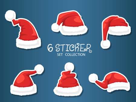 Set Of Stickers Santa Claus Hats. Symbol of happy new year. Christmas celebration, winter. Vector card flat design. Vector illustration. New Years and Christmasのイラスト素材
